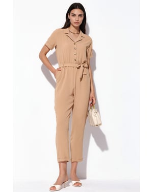 Effen Geweven Jumpsuit met Kraag en Strikdetail
