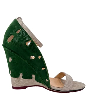 Charlotte Olympia Leaf Accent Sandal Heels in Green and Beige Raffia