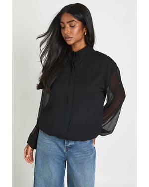 Chiffon Sheer Sleeve Funnel Neck Blouse