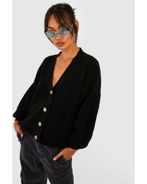 Balloon Sleeve Button Through Rib Cardigan