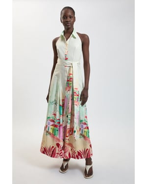 Scenic Print Cotton Sateen Shirt Dress