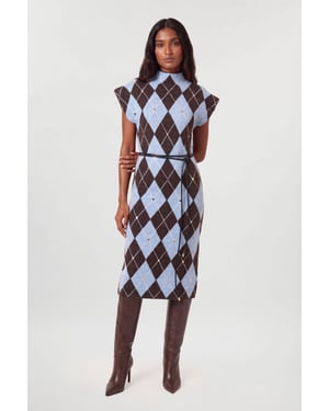 Studded Argyle Wool Blend Cosy Knit Belted Midi Dress