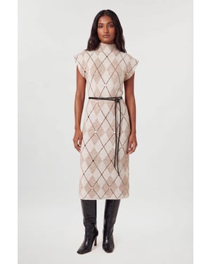 Studded Argyle Wool Blend Cosy Knit Belted Midi Dress