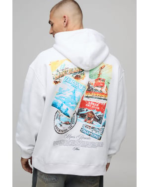 White Oversized Ski Postcard Printed Heavyweight Hoodie