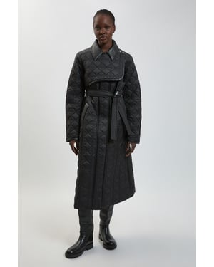 Quilted & PU Mix Belted Padded Midi Coat