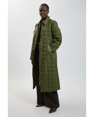 Quilted & PU Mix Belted Padded Midi Coat