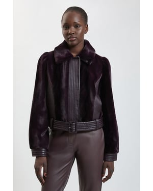 Faux Fur Pu Panelled Belted Cropped Jacket