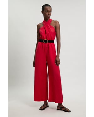Viscose Linen Belted Halterneck Woven Jumpsuit