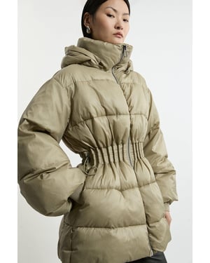 Quilted Drawstring Waist Hooded Rib Cuff Puffer Jacket