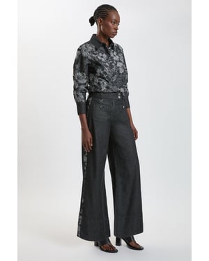 Denim & Jacquard Contrast Wide Leg Jean