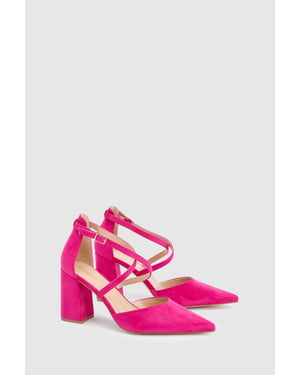 Wide Fit Treat Faux Suede Cross Strap Pointed Block Heel Court Shoes