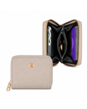 Women’s Small Zip Around Coin Purse RFID Bee Logo Card Wallet in Nude