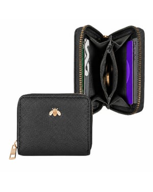 Women’s Small Zip Around Coin Purse RFID Bee Logo Card Wallet in Black