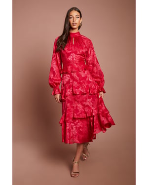 Satin Jacquard Long Sleeve Peplum Tiered Midi Dress