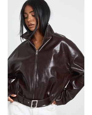 Funnel Neck Patent Faux Leather Jacket