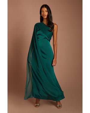 Petite Satin One Shoulder Chiffon Drape Maxi Dress