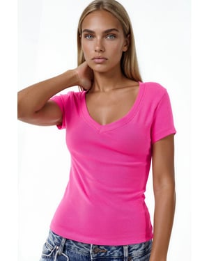 Elastische V-hals Korte Mouw T-Shirt