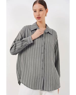 Gestreepte Oversized Blouse met Knopsluiting