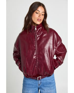 Funnel Neck Patent Faux Leather Jacket