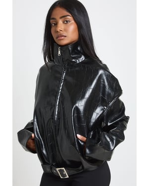 Tall Funnel Neck Patent Faux Leather Jacket