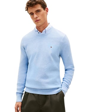 lichtblauw structuur trui Tommy Hilfiger ronde hals gemêleerd