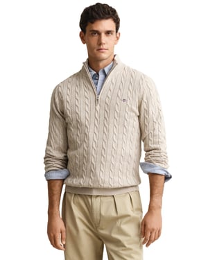 Gant kabeltrui beige katoen half zipje