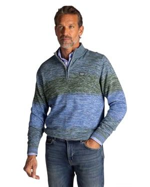 Half zip New Zealand trui gebreid blauw en groen gemeleerd