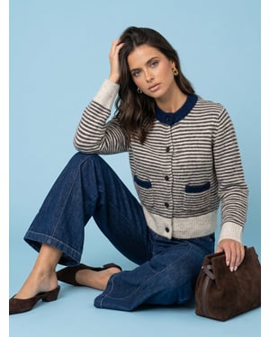 Navy Wool Blend Stripe Contrast Cardigan