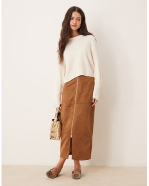 ASOS DESIGN zip detail faux suede maxi skirt in brown - KHAKI