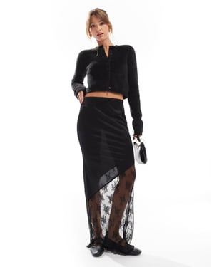 ASOS DESIGN satin maxi skirt with lace insert in black