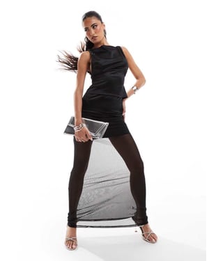 ASOS DESIGN co-ord stretch satin maxi skirt with sheer mesh hem in black