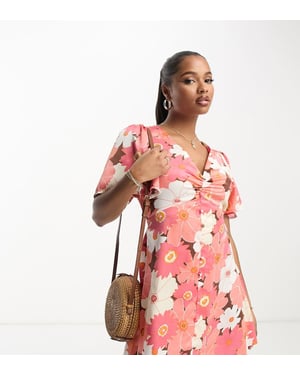 ASOS DESIGN Petite satin button through mini tea dress with flutter sleeve in retro floral print
