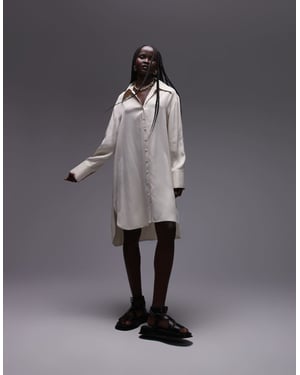 Topshop premium satin mini shirt dress with step hem in ivory