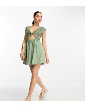 ASOS DESIGN Petite crochet mix mini dress with tie detail in khaki