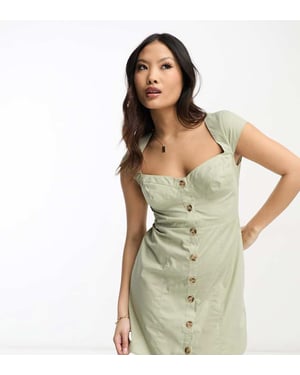 ASOS DESIGN Petite mini button through twill dress with cup detail in sage