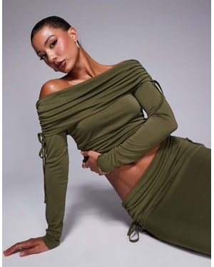 ASOS DESIGN soft handle off shoulder ruched long sleeve top in olive