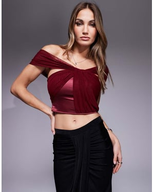ASOS DESIGN one shoulder drape mesh and satin mix top in plum