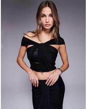 ASOS DESIGN one shoulder drape mesh and satin mix top