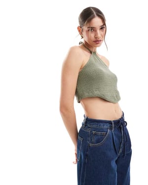 JJXX crochet halterneck top in khaki