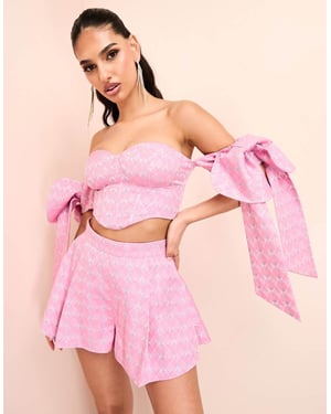 ASOS LUXE jacquard co-ord bandeau corsetted top with bow tie sleeves in pink print