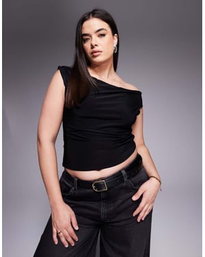 ASOS DESIGN Curve slinky twisted off shoulder asymmetric top in black