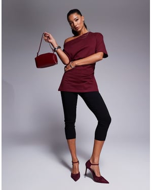ASOS DESIGN cinched in slash neck one shoulder top in burgundy