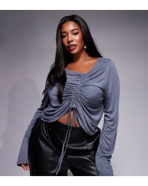 ASOS DESIGN Curve soft handle long sleeve top with front asymmetric ruching in slate blue