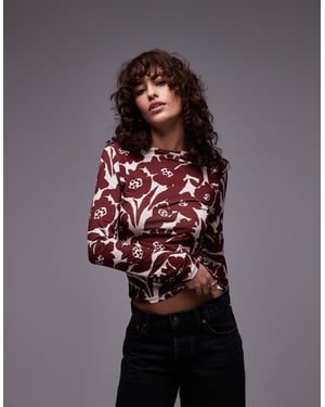 Topshop microfibre all over floral long sleeve top in red