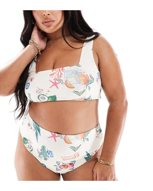 ASOS DESIGN Curve high leg high waist bikini bottom in postcard print