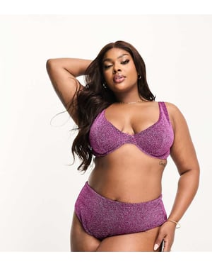 ASOS DESIGN Curve mix and match glitter high waist bikini bottom in pink