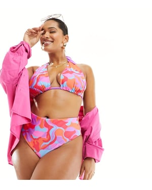 ASOS DESIGN Curve reversible high leg high waist bikini bottom in abstract print