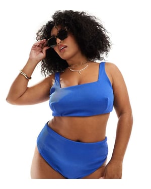 ASOS DESIGN Curve Emily rib high leg high waist bikini bottom in cobalt