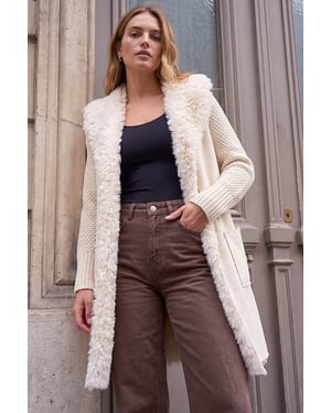 Longline Faux Shearling Knit Coatigan