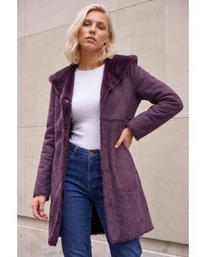 Petite Faux Sheepskin Hooded Coat